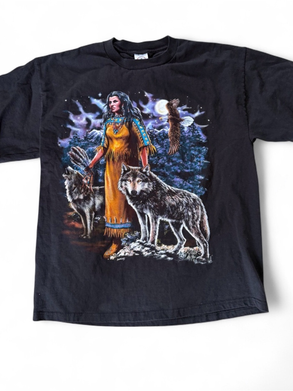 Vintage Native American Maiden Wolf Eagle Moon Graphic T Shirt Delta Black Large
